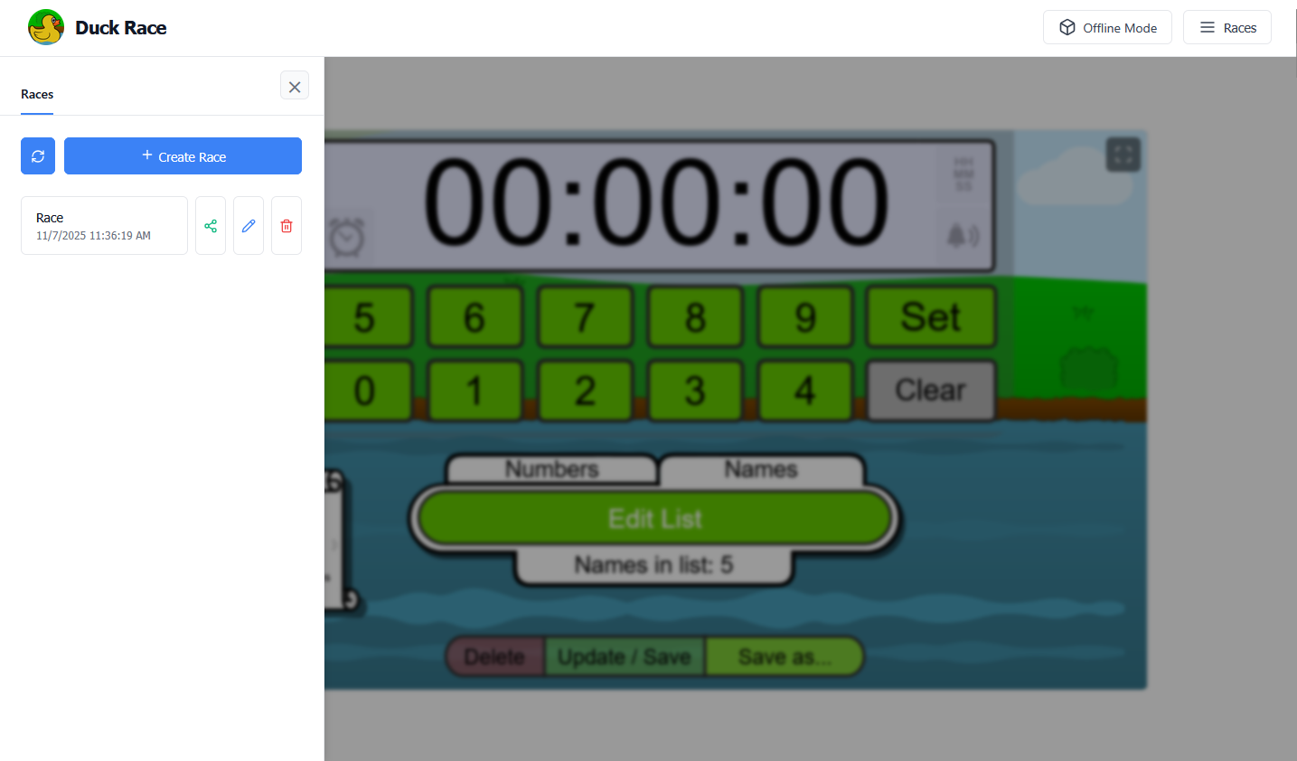 Race list sidebar showing all saved races